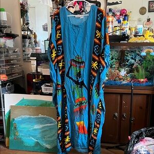 Vibrant Blue Maxi Dress with Tribal Patterns